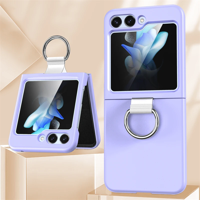 Solid Color Folding Case with Finger Ring Buckle - Shockproof Matte Clear Cover