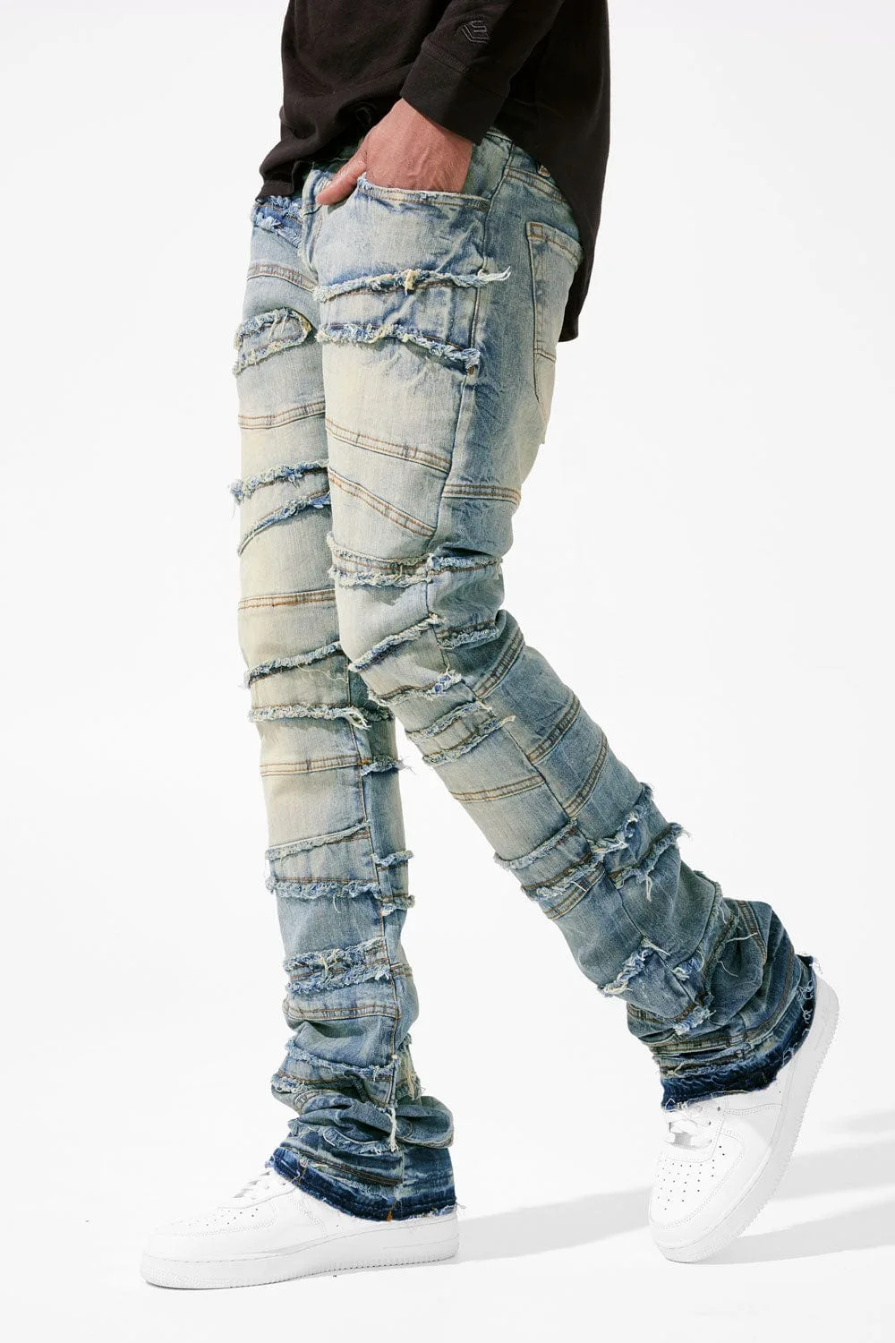 Stacked Jeans Men Patchworks Spliced Denim Ripped Wash Frayed Pants Streetwear men jeans ripped jeans ripped patchwork jeans