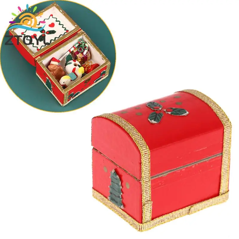 1:12 Dollhouse Miniature Toy Chest Christmas Box Decor Bear Walking Stick Rocking Horse Bell Model Doll House Decor Accessories