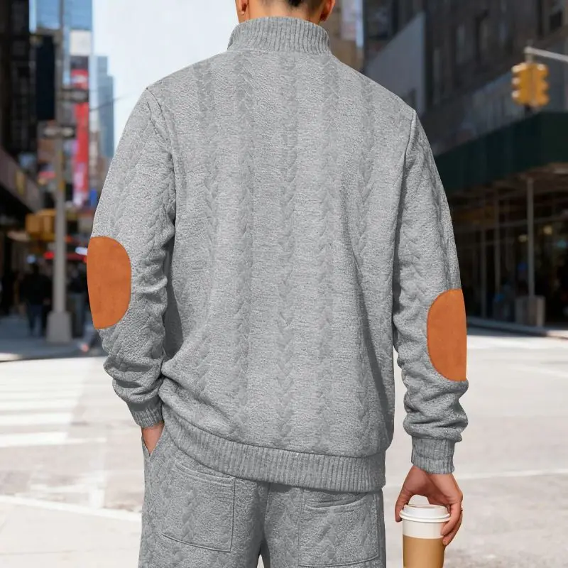 Men's Waffle Knit Quarter Zip Pullover with Contrast Trim and Elbow Patches Casual Long Sleeve Sweater