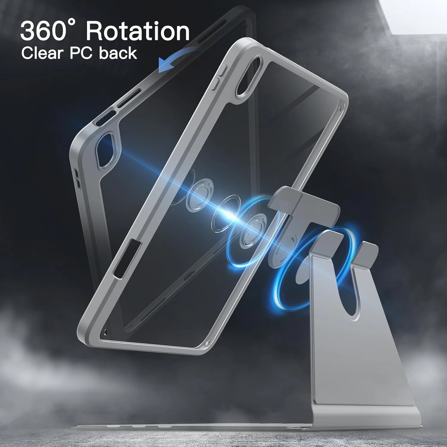 360° Rotating Clear Acrylic Tablet Case with Pencil Holder and Auto Sleep/Wake Feature, Shockproof Design