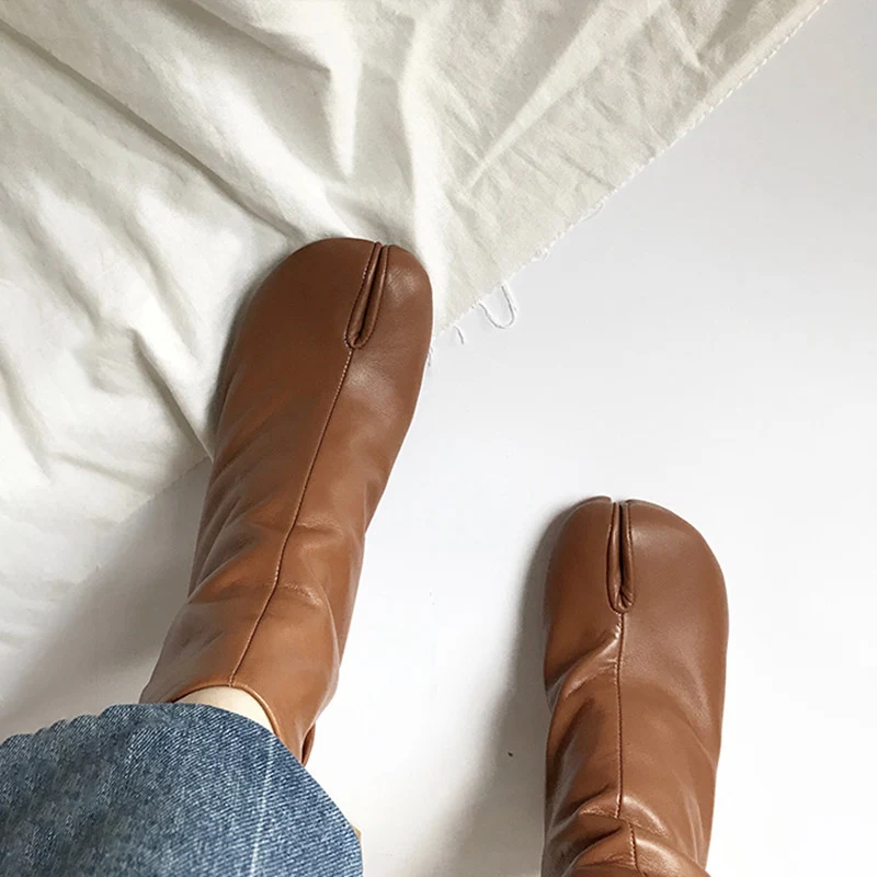 Women Chunky Round High Heels Winter Tabi Shoes Short Boots Genuine Leather Split Toe Fashion Design winter boots,women high heeled boots