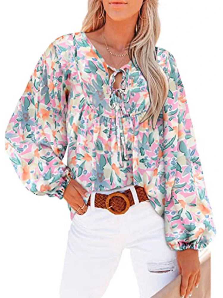 

Women Long Sleeve Floral Ruffled Printed V-Neck Chiffon Tops