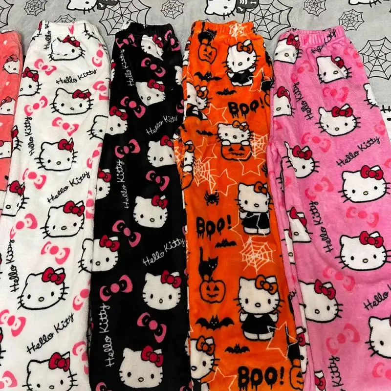 

Sanrio Hello Kitty Japanese Anime Pants Women's Home Flannel Pajama Pants Thickened Warm Casual Pants Christmas Halloween Gift