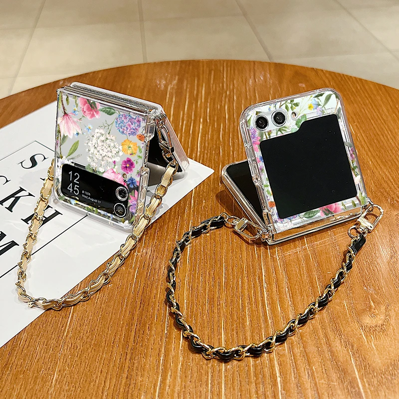 Hydrangea Print Metal Lanyard Case For Samsung Galaxy Z Flip6 Flip5 Flip4 Flip3 Flip 6 5 4 3 Shockproof Clear Soft Phone Cover_voghion.com