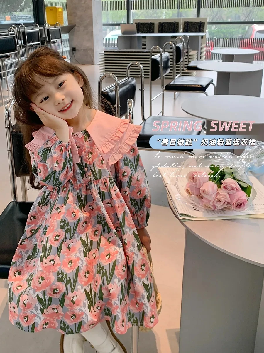 

2-10 Years Kids Long Sleeve Print Dresses for Girls Cute Loose Pink Princess Dress Children Girl Spring Clothing Toddler Outfits