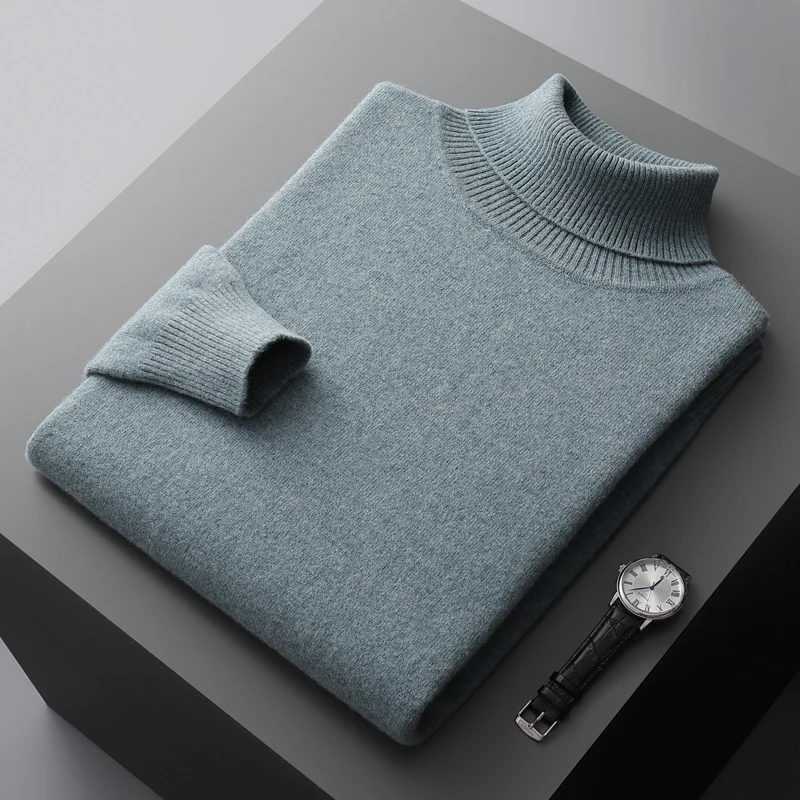 Autumn and winter new 100% pure merino wool pullover men's high-necked cashmere sweater thick warm loose solid color coat.