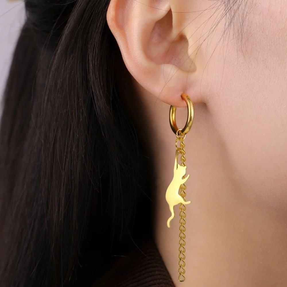 Eueavan Springende Katze, baumelnde Ohrringe, Edelstahl, lange Quasten, Creolen, niedliches Kätzchen, Tierschmuck, Geschenke für Frauen und Mädchen – Detail 20