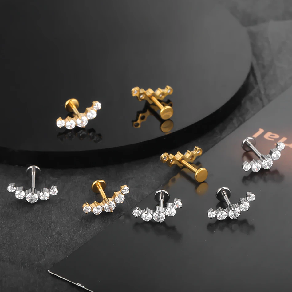 5/10Pcs Gold Plated 5 CZ Labret Lip Rings Titanium Crystal Cluster Ear Cartilage Tragus Helix Daith Conch Piercings Jewelry 16G
