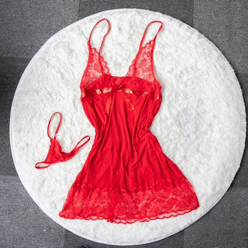 Women's Sexy Pajamas Lace Nightdress And Thong Nightwear Solid Color Sleepwear Sets Black Underwear Ice Silk Transparent Dress