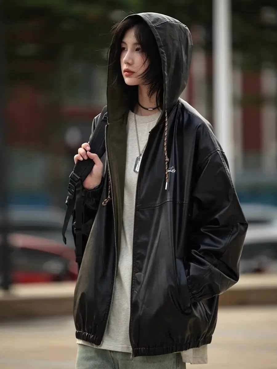American Retro Leather Jackets Women Hooded Spring Motorcycle Pu 