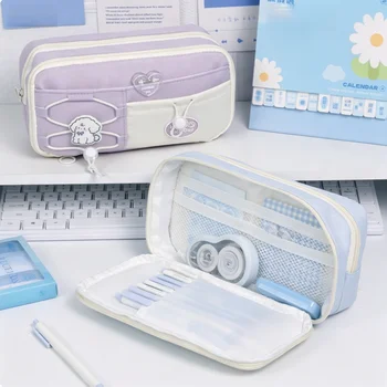 Astuccio per penne color pastello, organizer per studenti di grande capacità con dettaglio coulisse