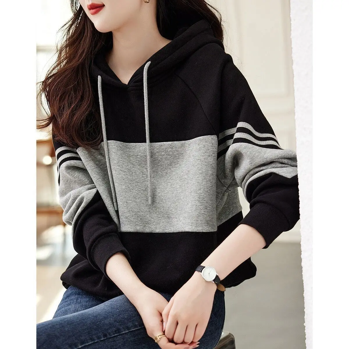 

Women Sweatshirts Hooded Solid Spliced Draw String Hoodies Big Pocket Loose High Street Thicken Winter Striped Pullovers