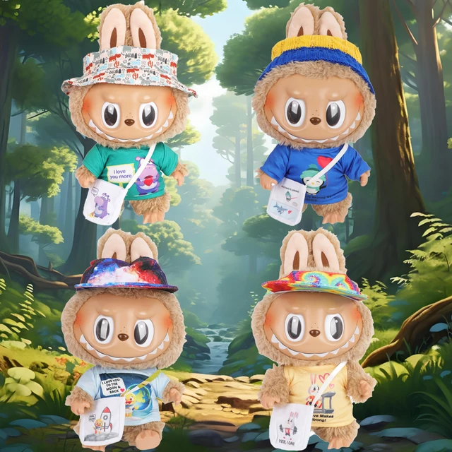 Labubu 38-40cm Big Doll Clothes Set – Cute Cartoon T-Shirt, Bag & Hat Outfit for V3 Cotton Toy, Perfect Gift 1