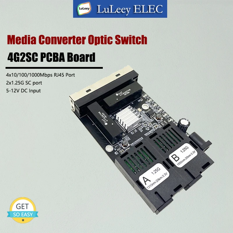 2 optical 4 rj54 media converter switch PCBA Board, 10/100/1000M adaptive,1.25Gbps SC single mode,max 20km, 5-12v DC input 10 100m 20km pcba board ethernet switch fiber optic media converter 2 fiber port 4 rj45 port single mode sc optical fiber switch