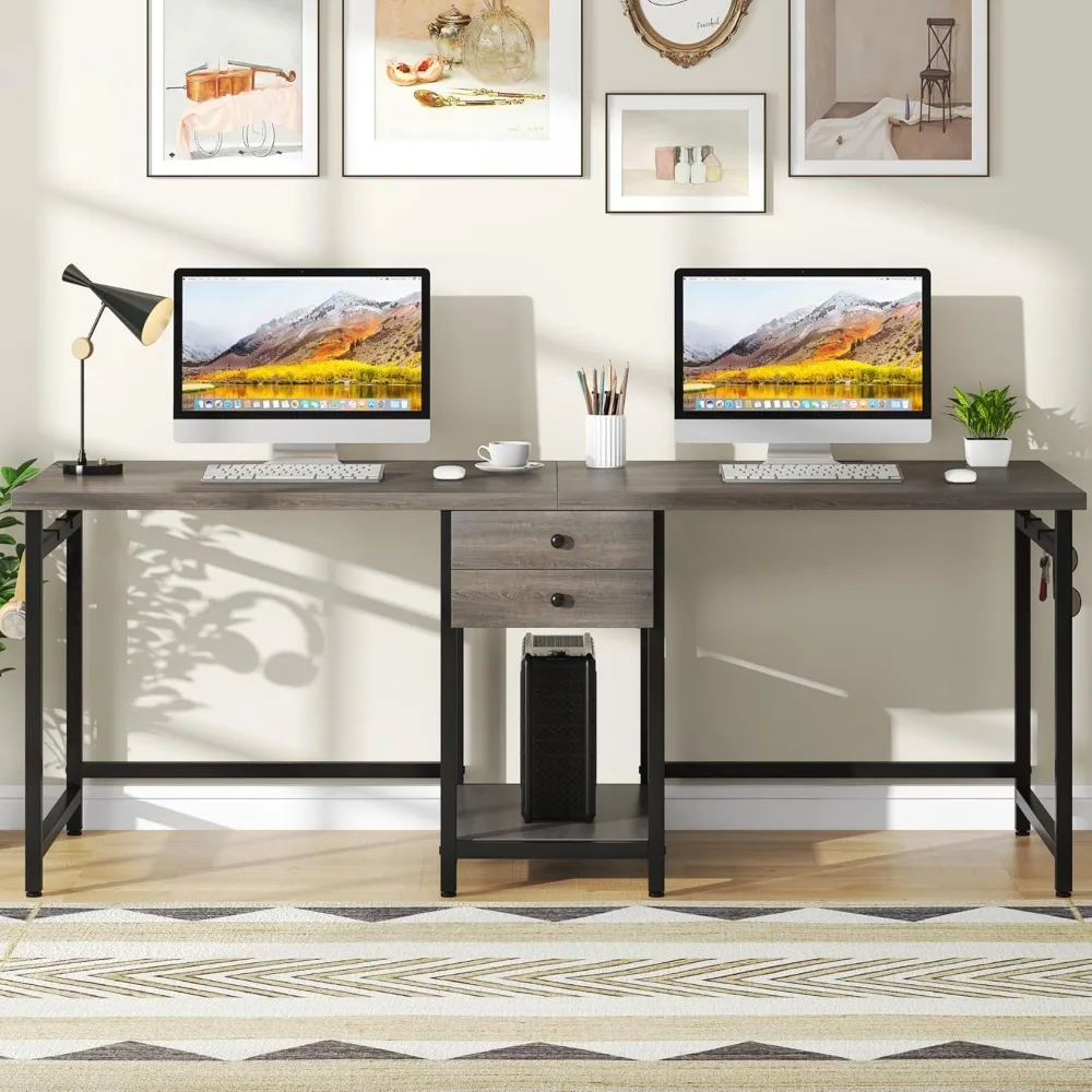 79 Inch Extra Long Desk, Double Desk with 2 Drawers, Two Person Desk Long Computer Desk with Storage Shelves, Writing 6