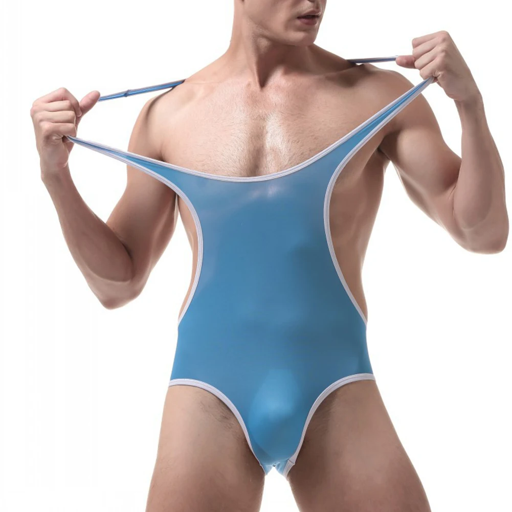 

Men Sexy Sleeveless Thong Leotard Sheer Ice Silk Breathable Bodysuit Gym Fitness Sports Jumpsuit High Stretch Underwear Lingeire