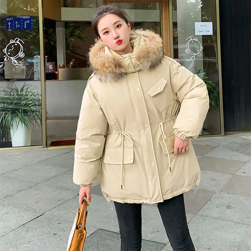 

2023 Safari Style Parker Coat Women Winter Outdoor Cotton-padded Jacket High Quality Fur Collar Hooded Outerwear Loose Overcoat