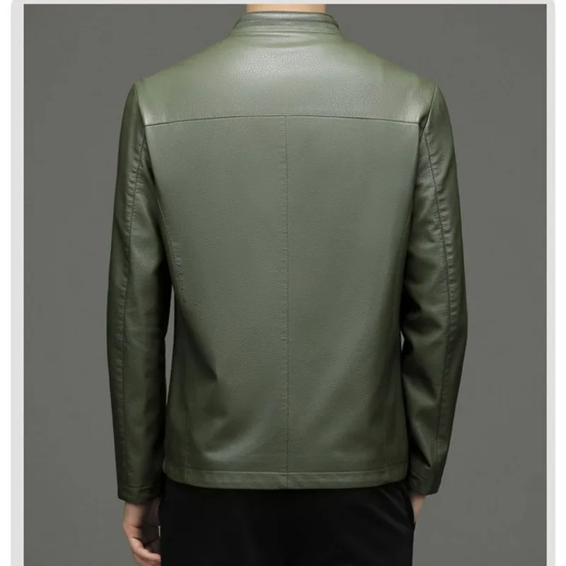 Artificial Leather Coat Men Autumn and Winter New High-End Stand Collar Coat Solid Color Leather Jacket with Velvet Slim Fit