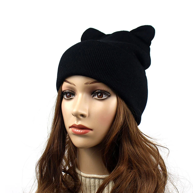 Bonnet en laine avec oreilles de chat mignon pour l'hiver, crânes décontractés, chapeau gris et blanc, joli chapeau chaud, design tendance, 1PC