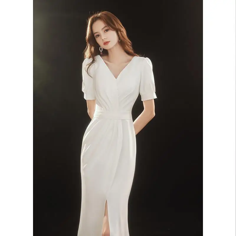 

Korean Simple Wedding Dress Women White V-neck Slit Pleated Fishtail Evening Gown Elegant Classic Zipper Cocktail Dresses