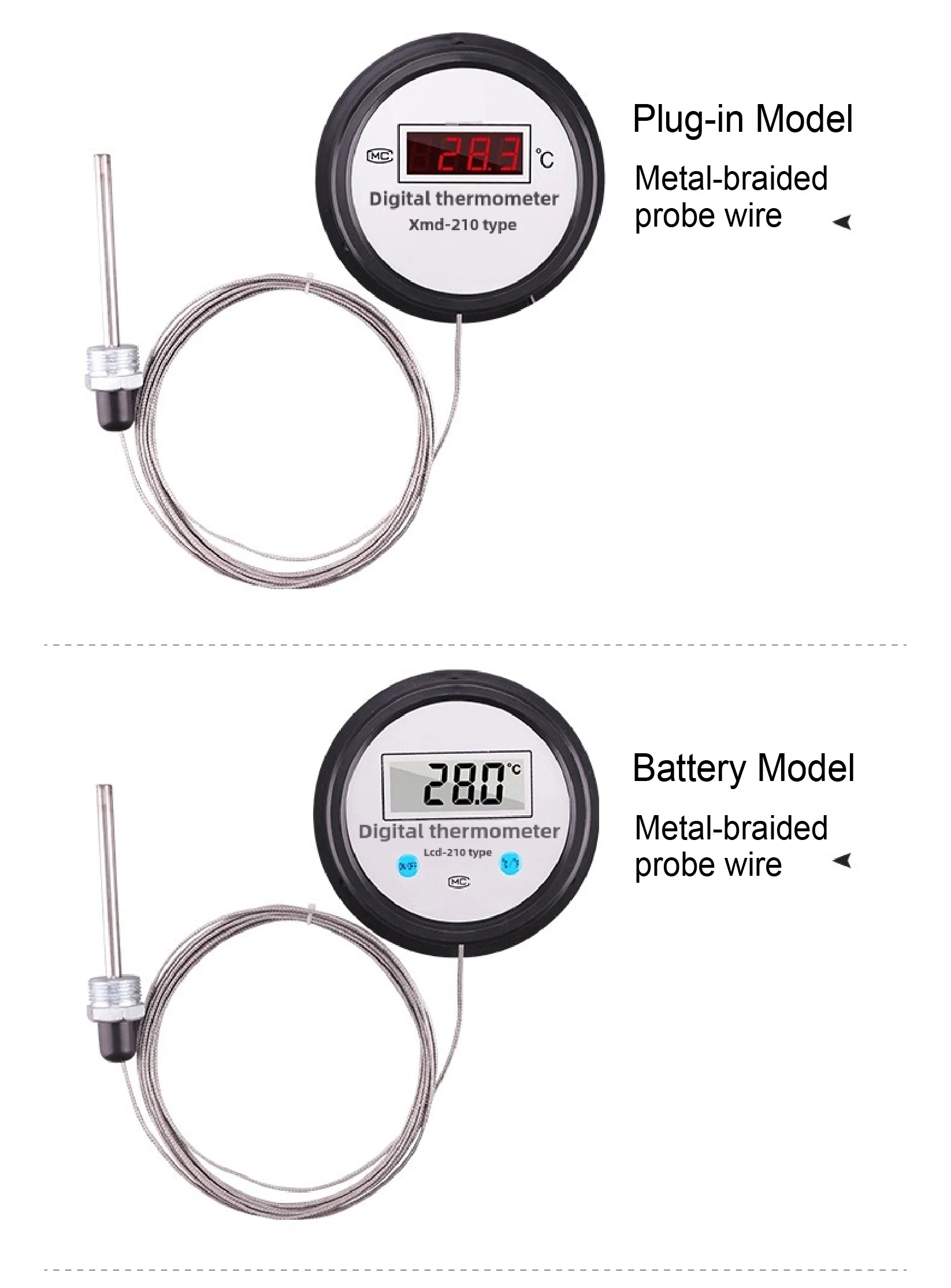 LCD-210 Digital Temperature Gauge -50~300°C Waterproof Stainless Steel Probe for
