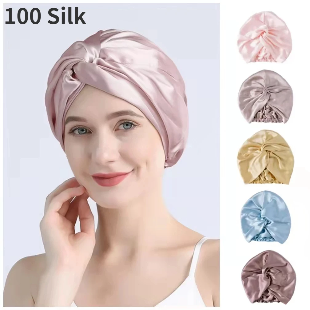 

100 Mulberry Silk Turban Bonnets For Women Twisted Sleeping Night Cap 19 Momme Pure Silk Hair Wrap Cap For Curly Ladies Headwrap