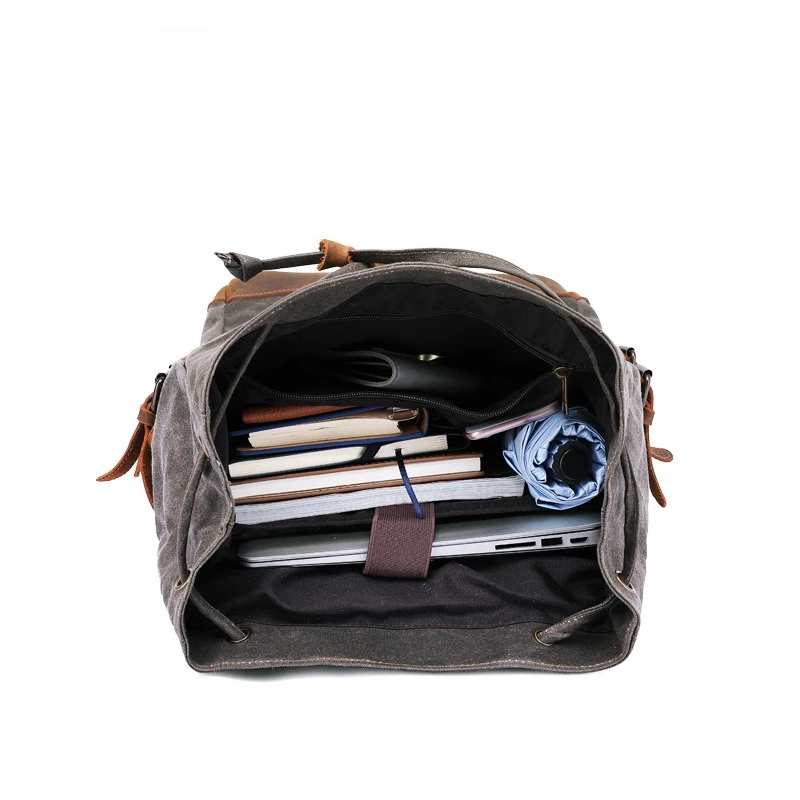 New Wax Canvas Bag with Genuine Leather Travel Outdoor Backpack Horseskin Men's Bag 4