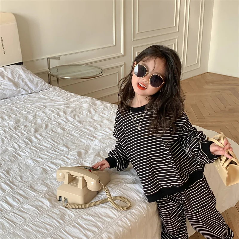 

Girls Suit Sweatshirts +Pants Cotton 2Pcs/Sets 2022 Stripe Spring Autumn Thicken Home School Sport Kid Baby Children Clothing Se