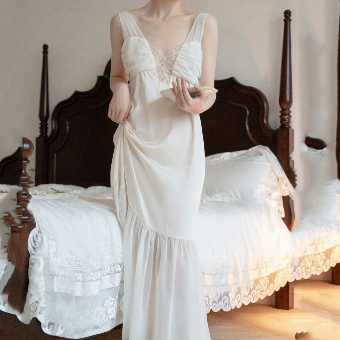 

V-Neck Sexy Elegant Deep Nightdress Sleepwear French Suspender Court Style Long Nightwear Casual Silk Satin Nightgown Homewear