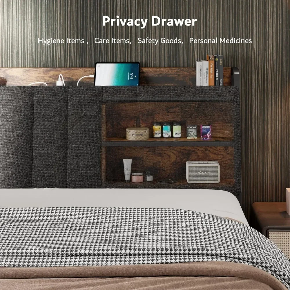Bed Frame with 1 Hidden Drawer and 2 Drawers, Metal Heavy Duty Bed Frame with Upholstered Headboard and Multi-Port Charging 3