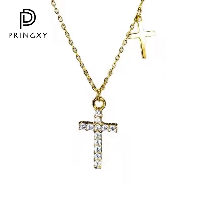 

PRINGXY Double Cross Necklace 925 Sterling Silver Women's Diamond Pendant Necklace Fine Jewelry Women Girl Gifts