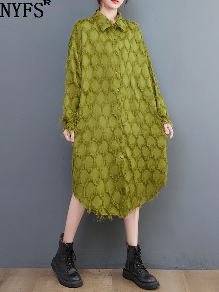 

NYFS 2023 New Spring Vintage Woman Dress Vestidos Robe Elbise Loose Plus Size Long Sleeve Tassel Patchwork Shirt Dresses