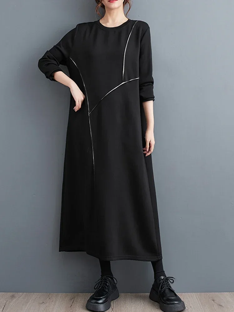 knee length dresses for ladies Long Sleeve Lace Shirt Dress Women Black Irregular Hem Loose Fit Plus main image 1