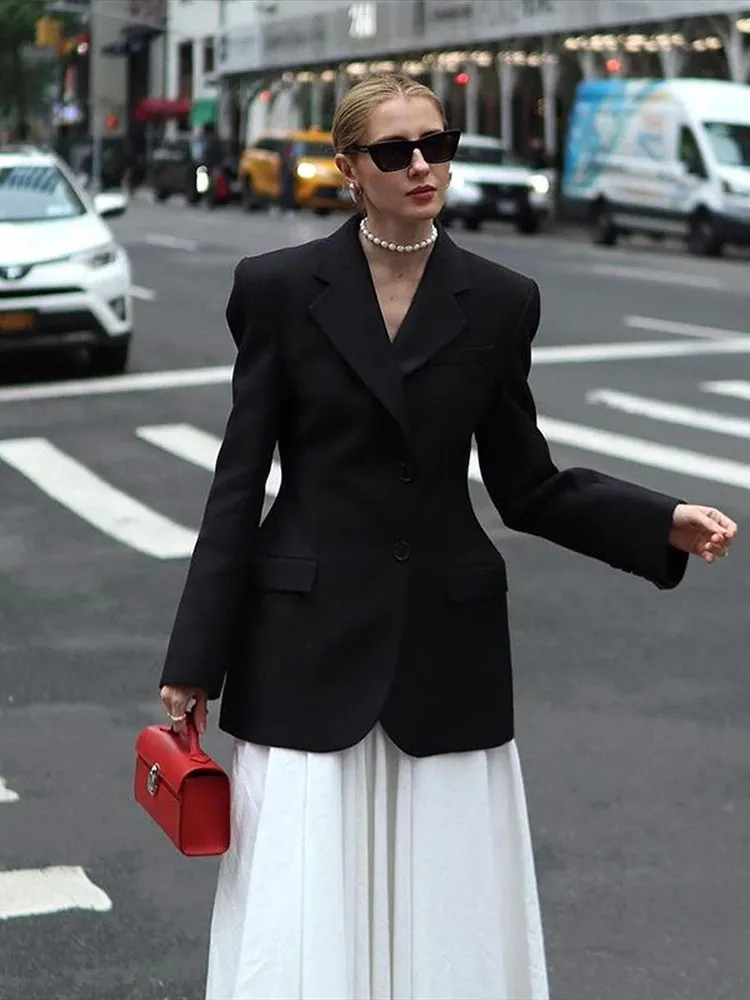 Elegant Solid Slim Blazer Jacket Women Long Sleeve Lapel Shoulder Pads Single Breasted Coat 2025 Spring Lady Office Outwear 4