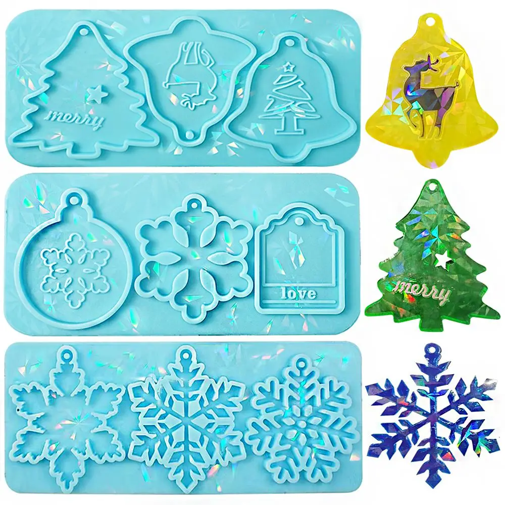 DIY Christmas Holographic Pendant Slicone Mold Cute Snowflake Bell Shape Keychain Resin Mould for Making Xmas Ornament Gifts