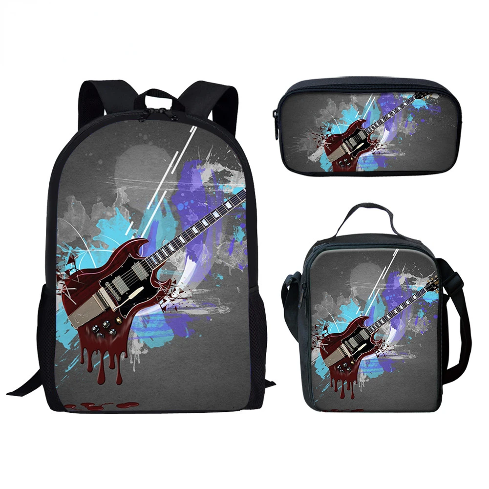 Popular Youthful Music Guitar 3D Print 3pcs/Set Student Travel bags Laptop Daypack Backpack Lunch Bag Pencil Case