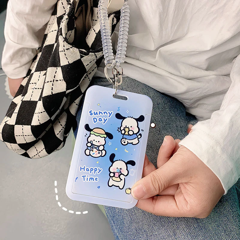 

Kawaii Sanrio Kuromi Pochacco Cartoon Cute Student Card Cover Bus Card Key Chain One Body Meal Card Spring Lanyard Anime Figure