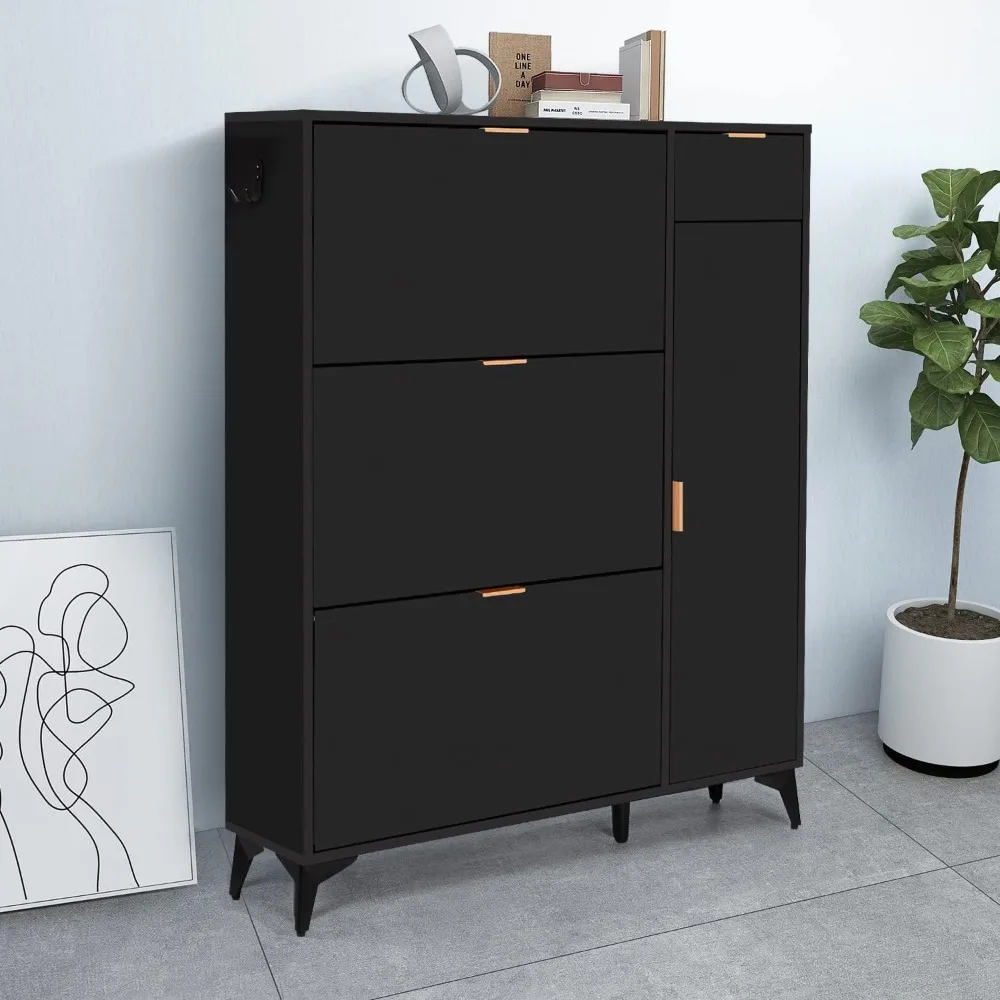 

ARTETHYS Shoe Storage Cabinet Slim with Door Narrow Shoe Cabinet with 3 Flip Drawers and Boot Rack for Entryway 22 Pair Black