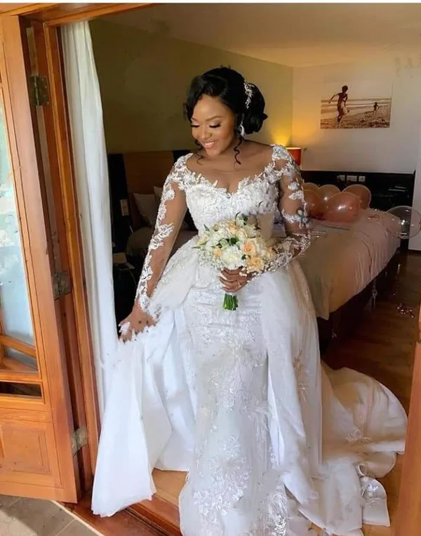 

African Wedding Dresses Lace Long Sleeve Round Mermaid Bridal Wedding Dress with Detachable Overskirt Neck Custom Made