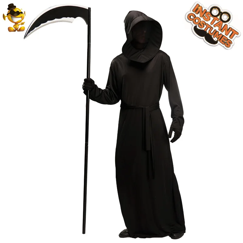 

Grim Reaper Halloween Cosplay Costumes Carnival Long Sleeve Party Black Devil Demon Role Play Costume Long Robe For Adult Hooded