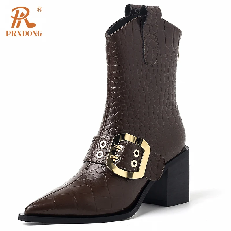 

PRXDONG Genuine Leather Women's Shoes 2023 New Fashion Autumn Winter Warm Ankle Boots Chunky High Heels Buckle Black Beige Party