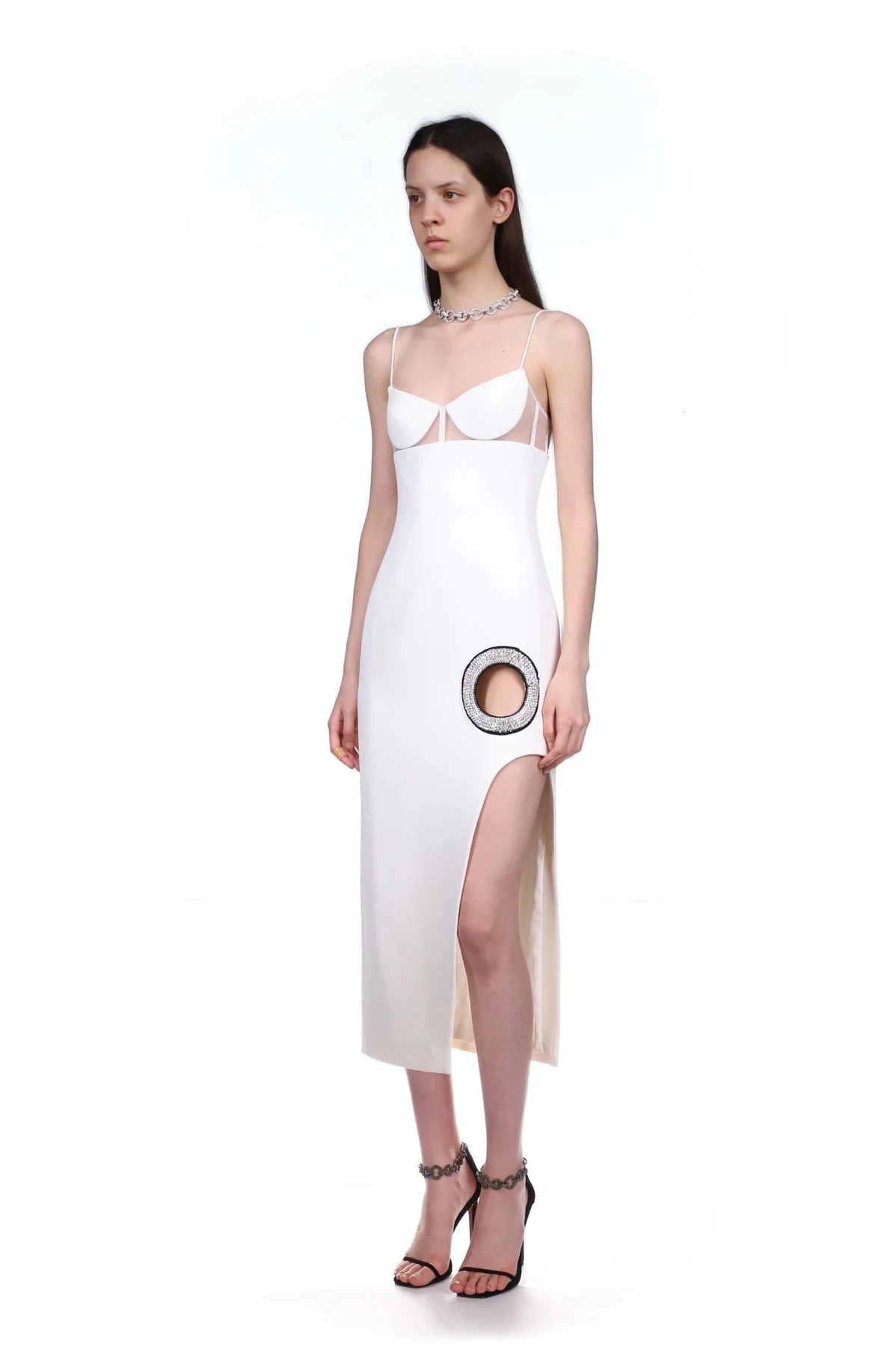 

3 Color Shining Diamonds Round Hollow Out Sexy Split Spaghetti Strap Midi Dress Celebrity Luxury Party Vestido High Quality