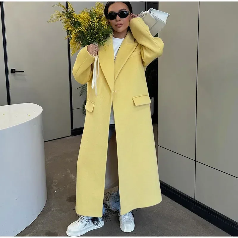 Fashion Woolen Long Coat Women Autumn Full Sleeve Button Fake Pocket Split Yellow Overcoat Elegant Oversize New in Outwear