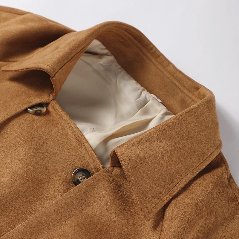 Elegant Suede Long Trench Coat Women Belt Double Breasted Full Sleeve Brown Windbreaker Autumn Lady Street Outwears New