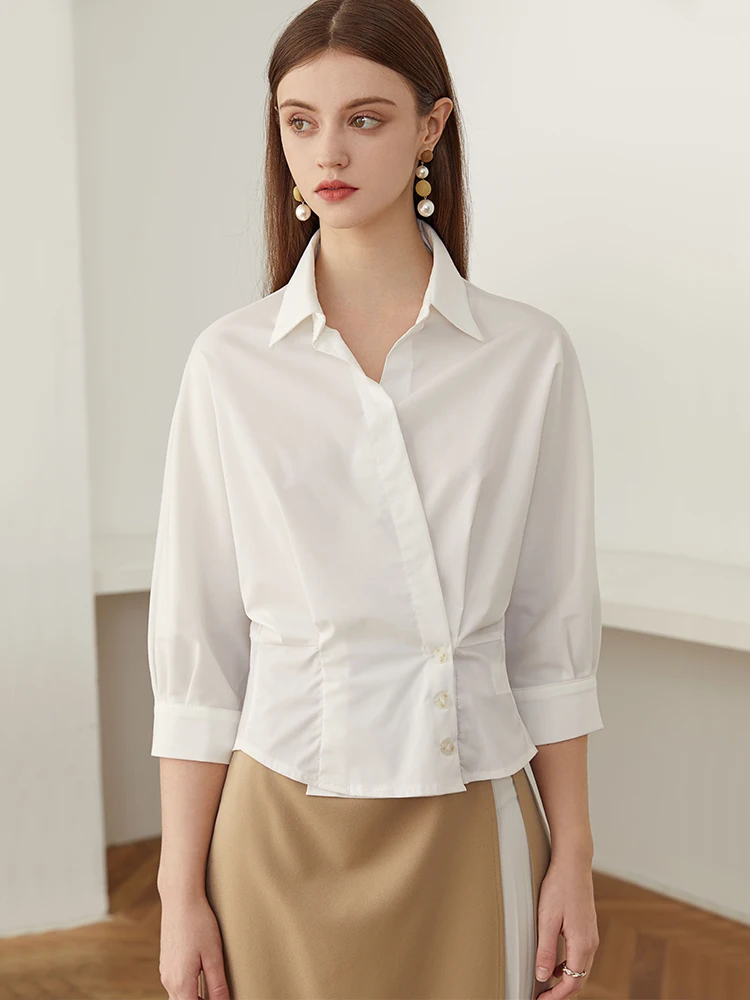 FSLE Asymetrical Casual Cotton White Blouse Shirt Women French