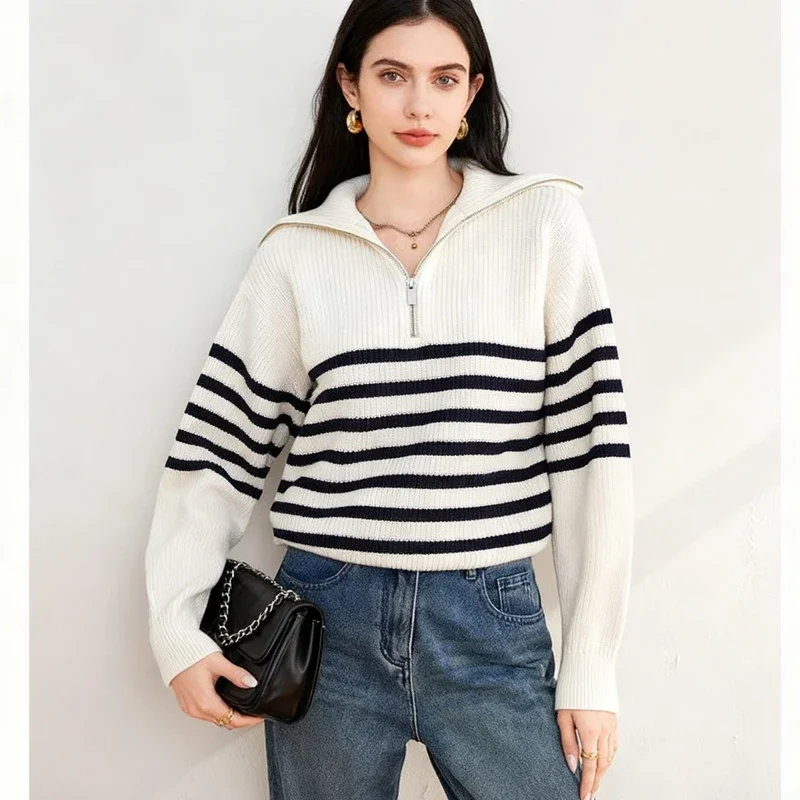 Autumn and Winter New Lapel Zipper Semi-open Placket Women's Long-sleeved Sweater Fashion Loose Casual Striped Knitwear Top