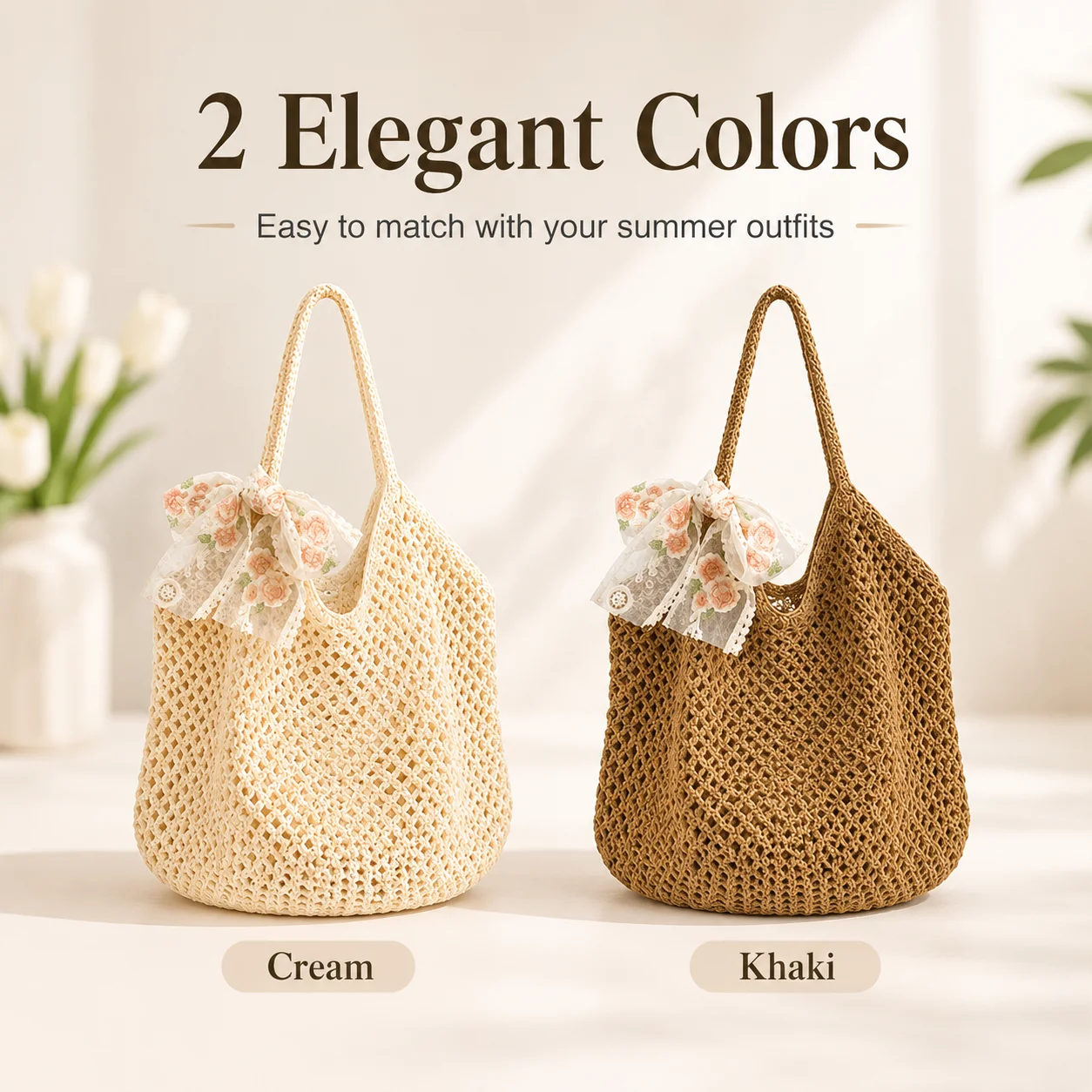 Sommer-Raffia-Tragetasche für Damen mit Spitze und Schleife, Gehäkelte Schultertasche, Große Stroh-Strandtasche zum Einkaufen