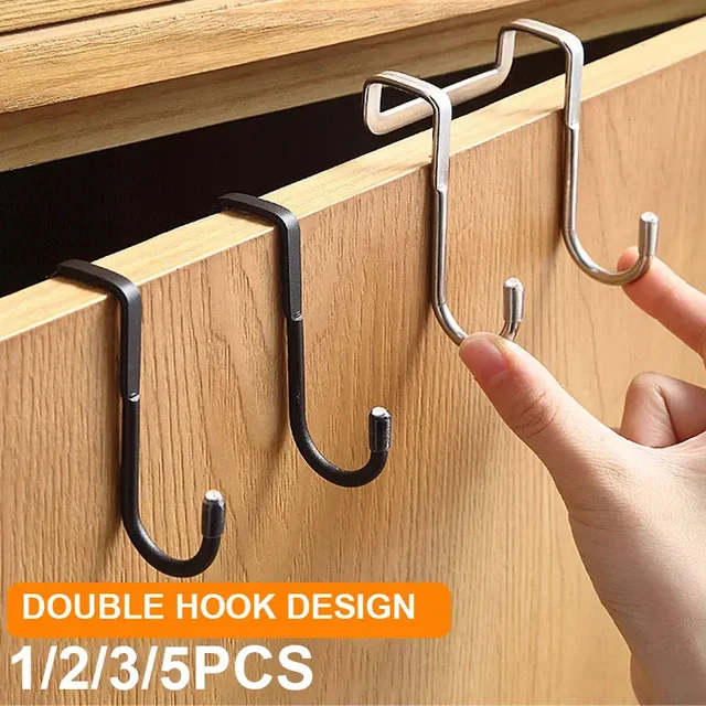201 Stainless Steel Hook Free Punching Double S-Shape Hook Kitchen Bathroom Cabinet Door Back Type Coat Towel Storage Hanger 1
