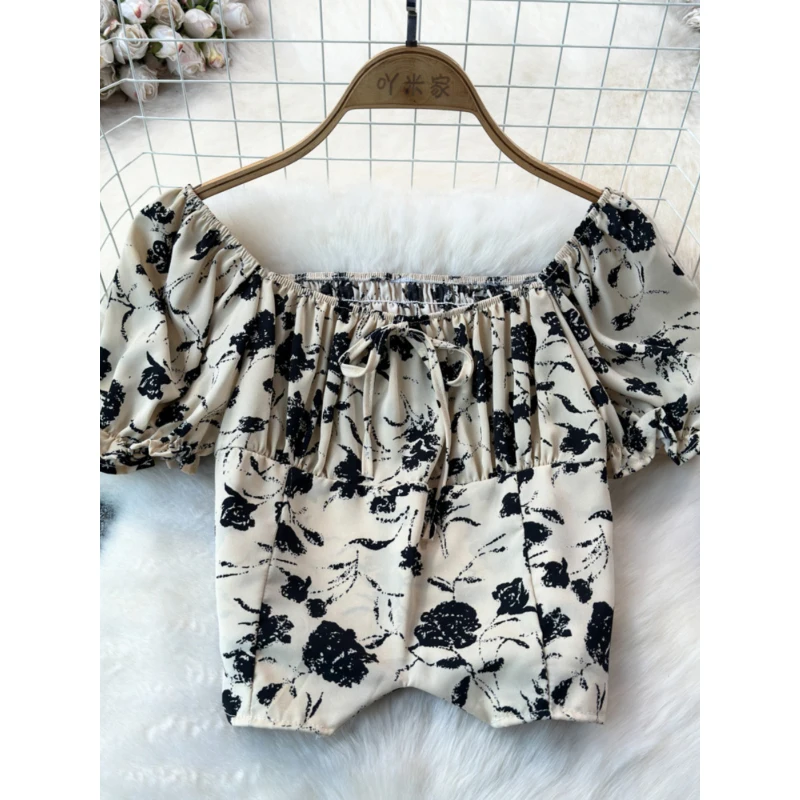 

Women's Tops Summer Thin Floral Printing Square Collar Short Puff Sleeve Casual All-Matched Shirts Office Lady Blouse for 18-24Y